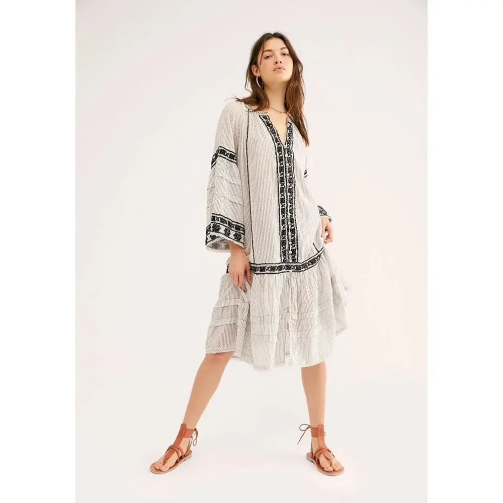 Free People Meadow Maxi Top Boho Beach Eclectic Nautical Peasant Size‎ L $228